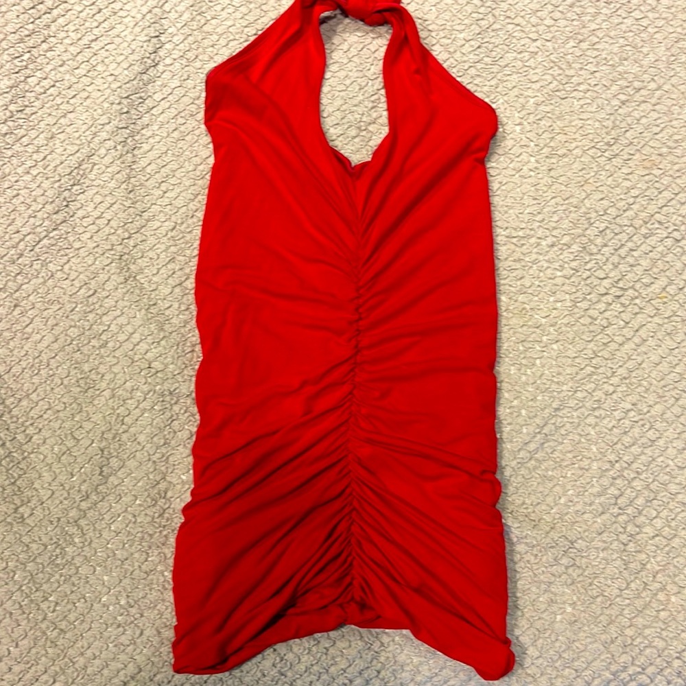 HALTER TOP - RED - “FISHBONE” STYLE MATERIAL GATHERING.